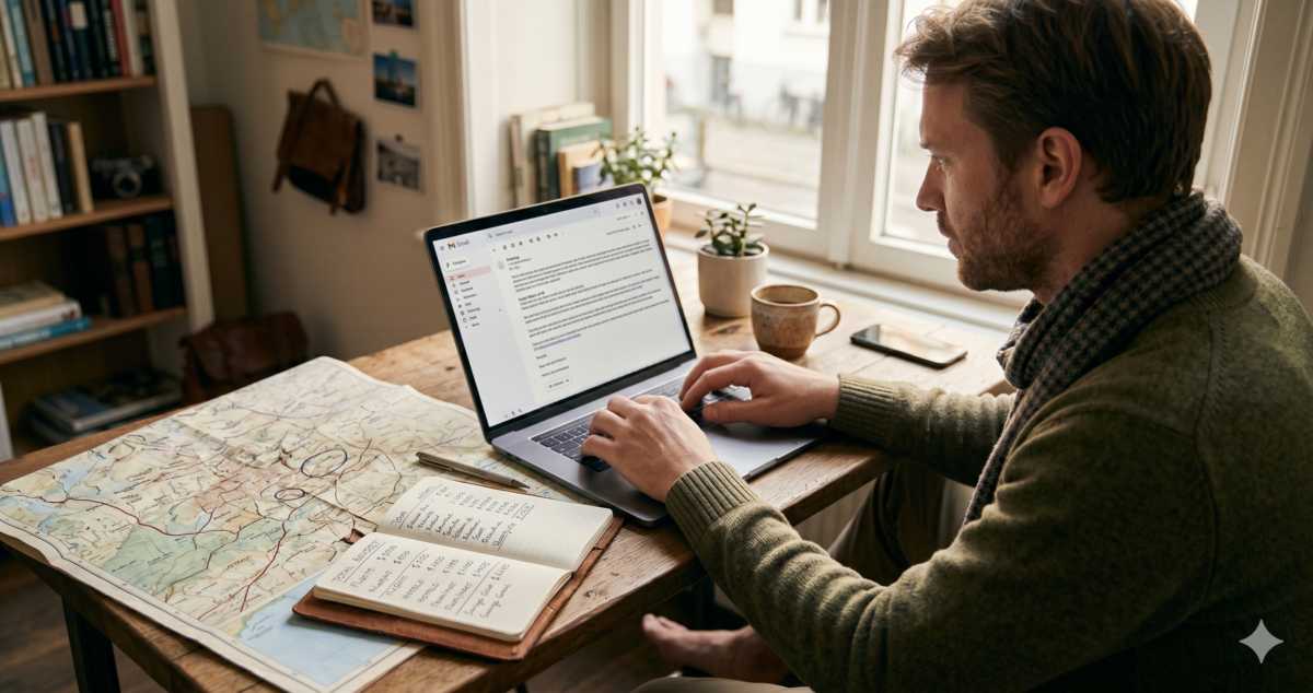 Traveler typing a detailed trip prompt with budget and dates into an AI chat app on a laptop