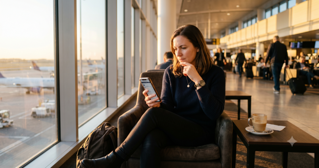 Traveler checking AI search results on phone in airport lounge at sunset