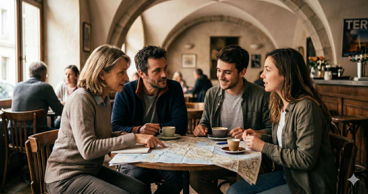 Group of four travelers reviewing a map at a European cafe table together, planning their route