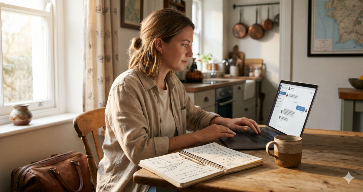 Traveler typing detailed trip prompts into ChatGPT on a laptop at a kitchen table, notebook beside it
