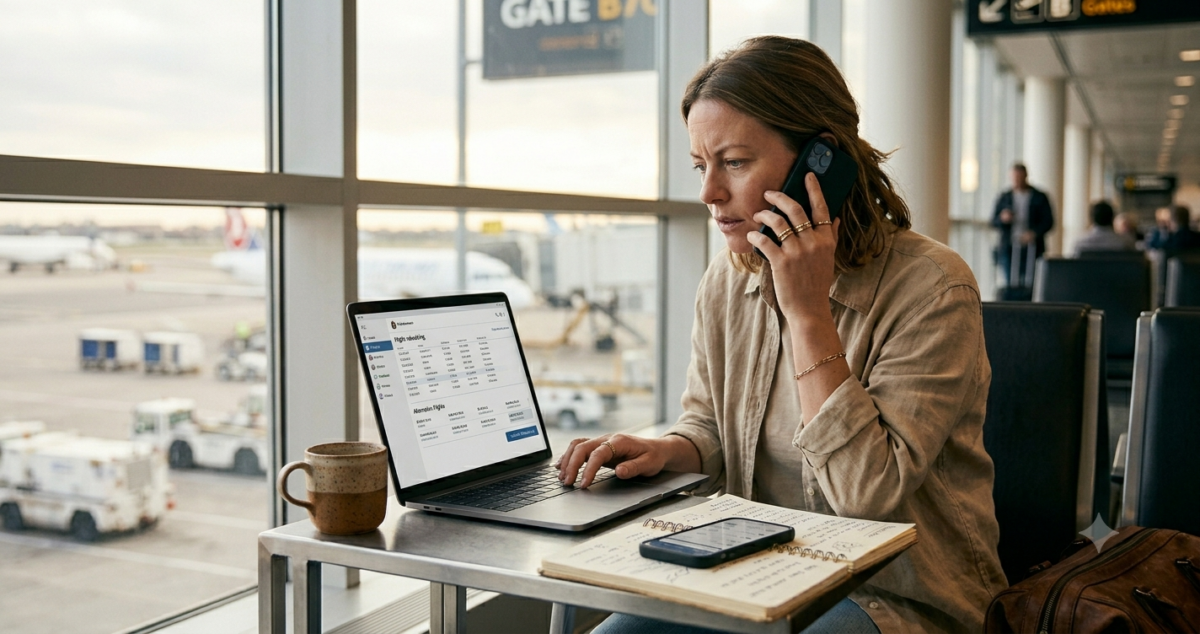 Travel advisor on the phone resolving a flight rebooking issue while traveler waits at airport gate