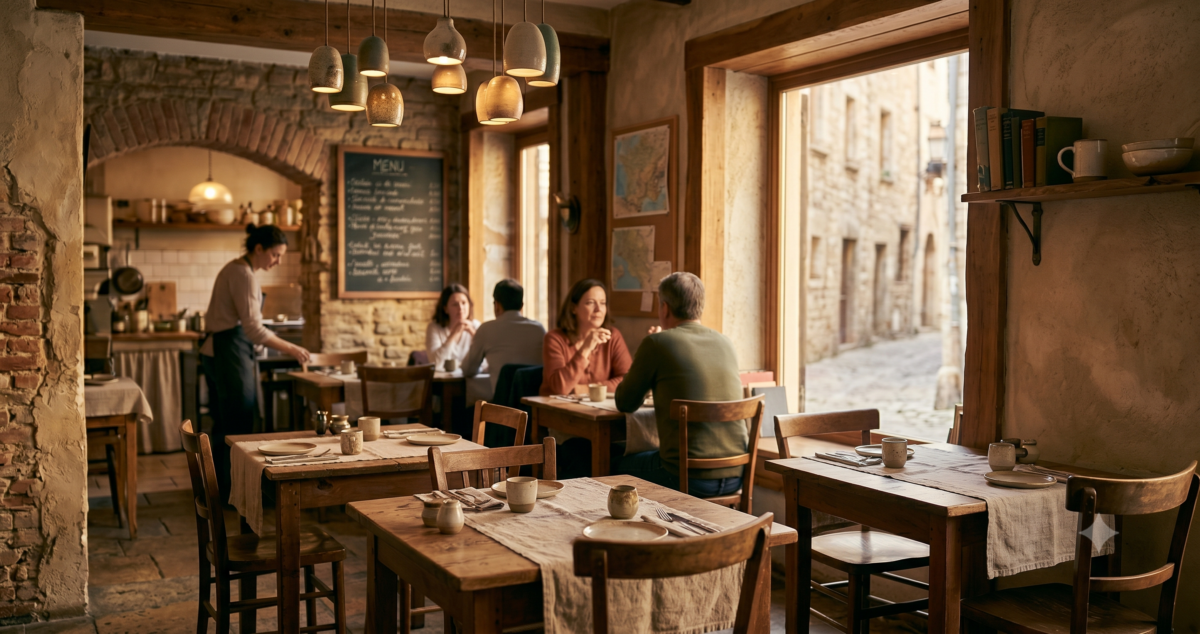 Intimate small restaurant interior representing hard-to-book travel access found through human connections