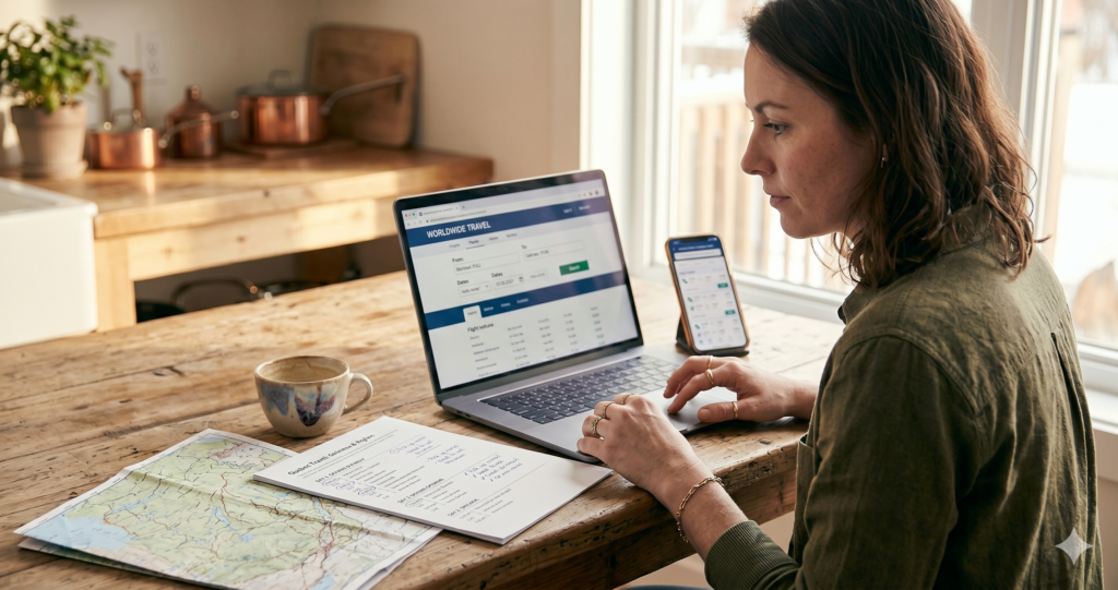 Travel advisor reviewing handwritten notes and a paper map beside a laptop showing flight search results