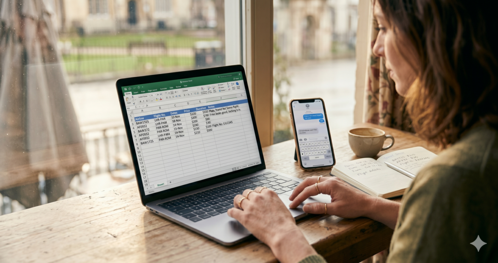 Travel advisor reviewing flight options on laptop beside AI chat interface on phone