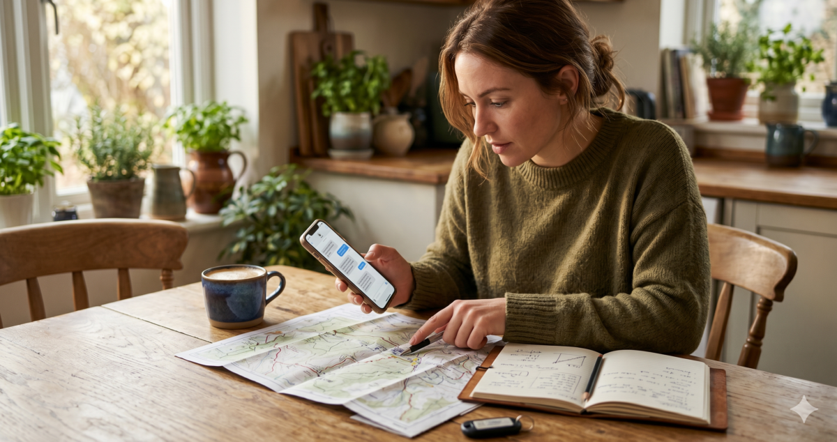 Traveler cross-checking an AI chatbot itinerary against a paper map and phone at a kitchen table