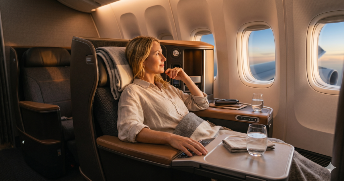 Business class cabin seat on long-haul flight booked using transferable airline points