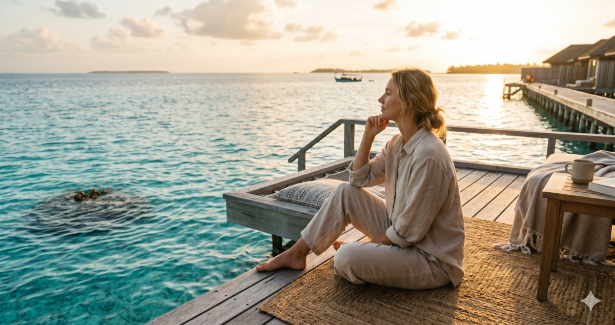 Traveler relaxing on private overwater villa deck, luxury resort accessed through points redemption