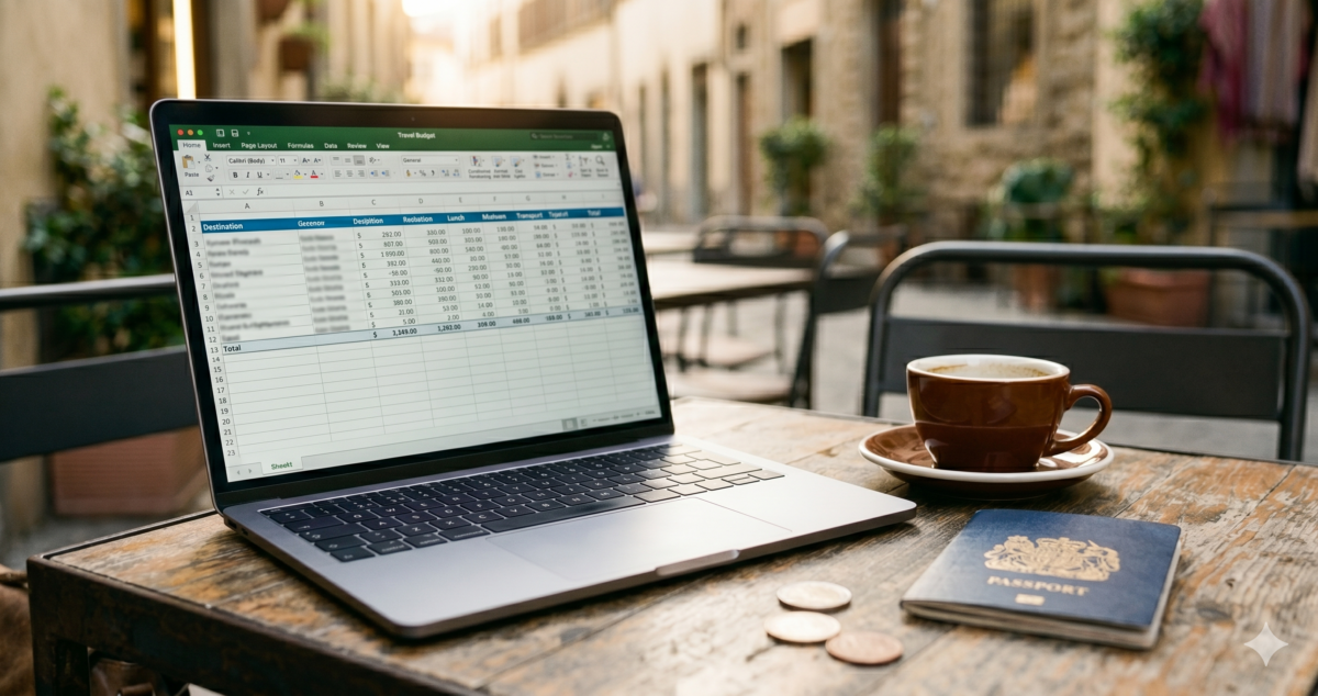 Travel budget breakdown comparing real costs of popular destinations on a laptop at a wooden desk