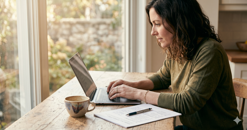 Traveler typing travel AI prompts into a laptop at a sunlit kitchen table with a notebook