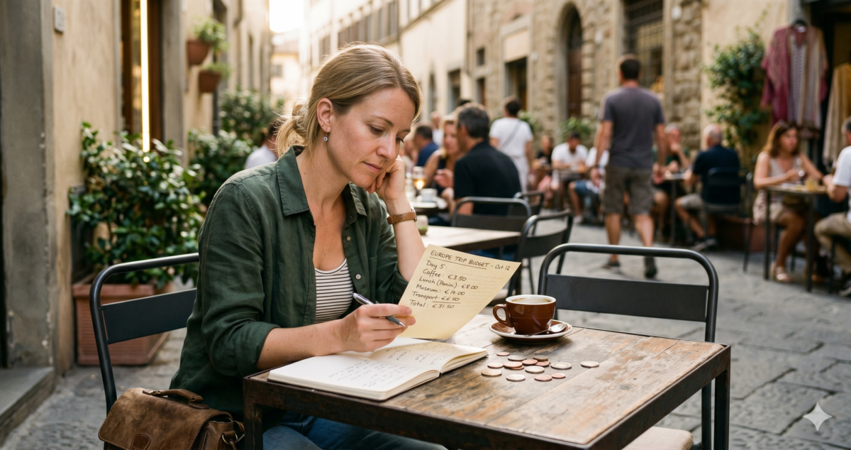 Traveler calculating the true cost of travel at a destination café table with foreign currency and receipts