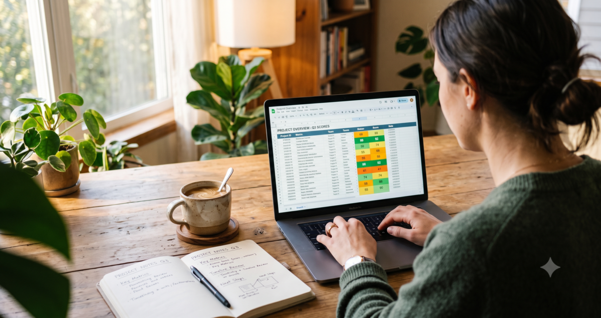 Laptop screen showing a spreadsheet matrix comparing twenty AI travel tools across test prompts
