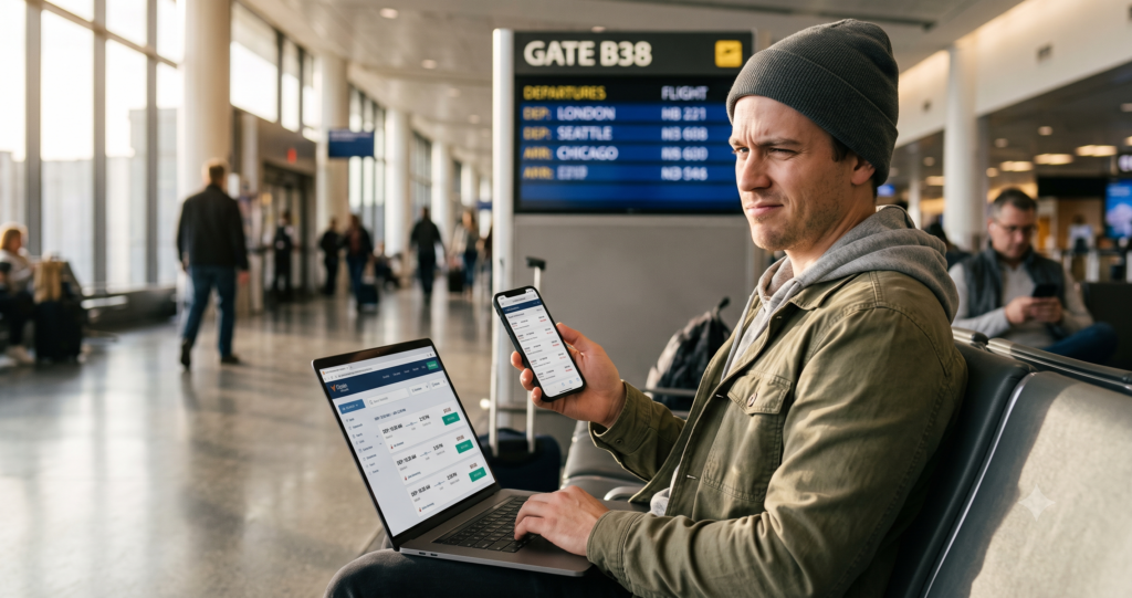 Traveler comparing AI travel app results side by side on phone and laptop at airport gate