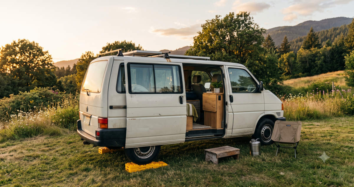 Campervan parked level on quiet grass pitch at golden hour, levelling ramps visible