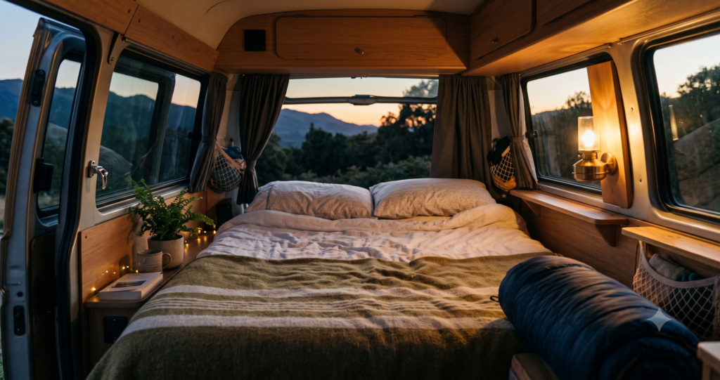 Campervan interior at dusk with made-up bed, blackout curtains half drawn, warm light