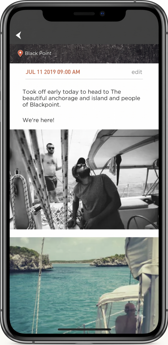 Journo travel journal app showing a trip Adventure entry with photos and location tags