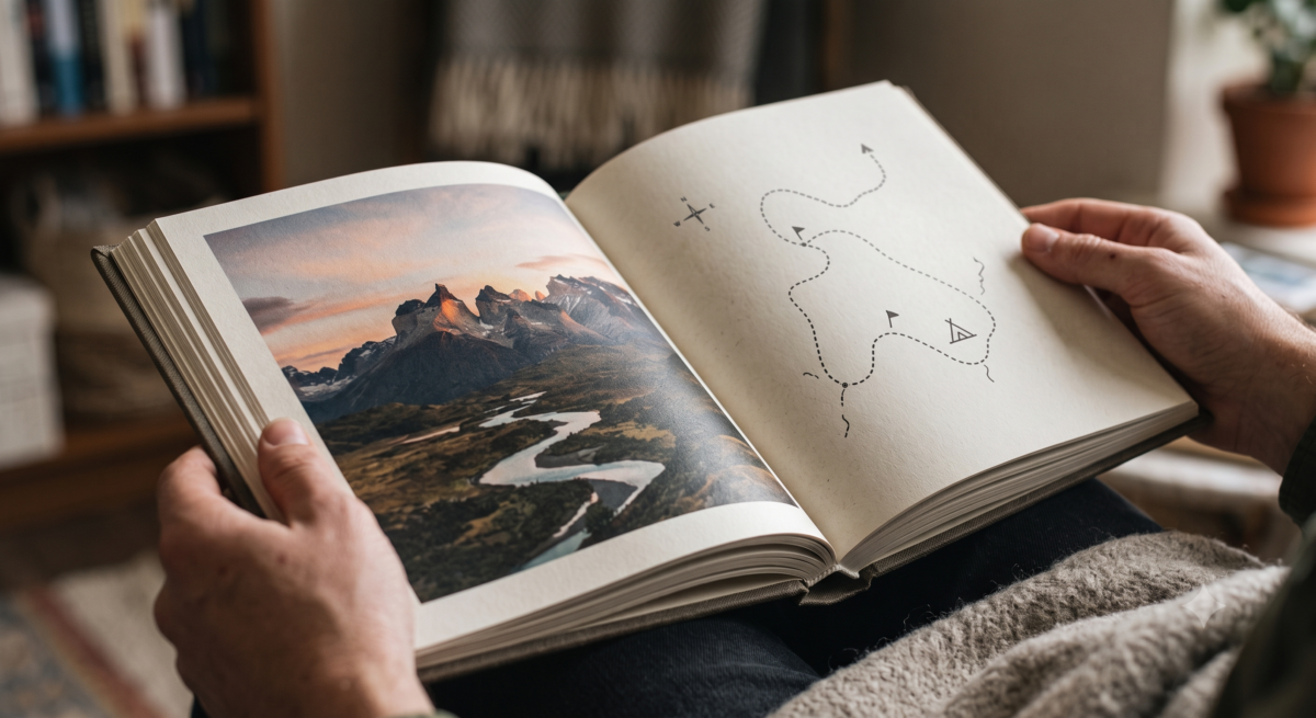 Hands holding an open printed travel photo book showing trip photos and a route map