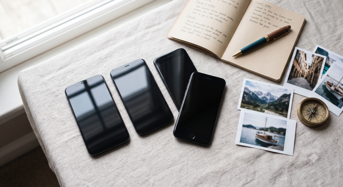Several travel journal apps compared side by side on phones with a notebook and map