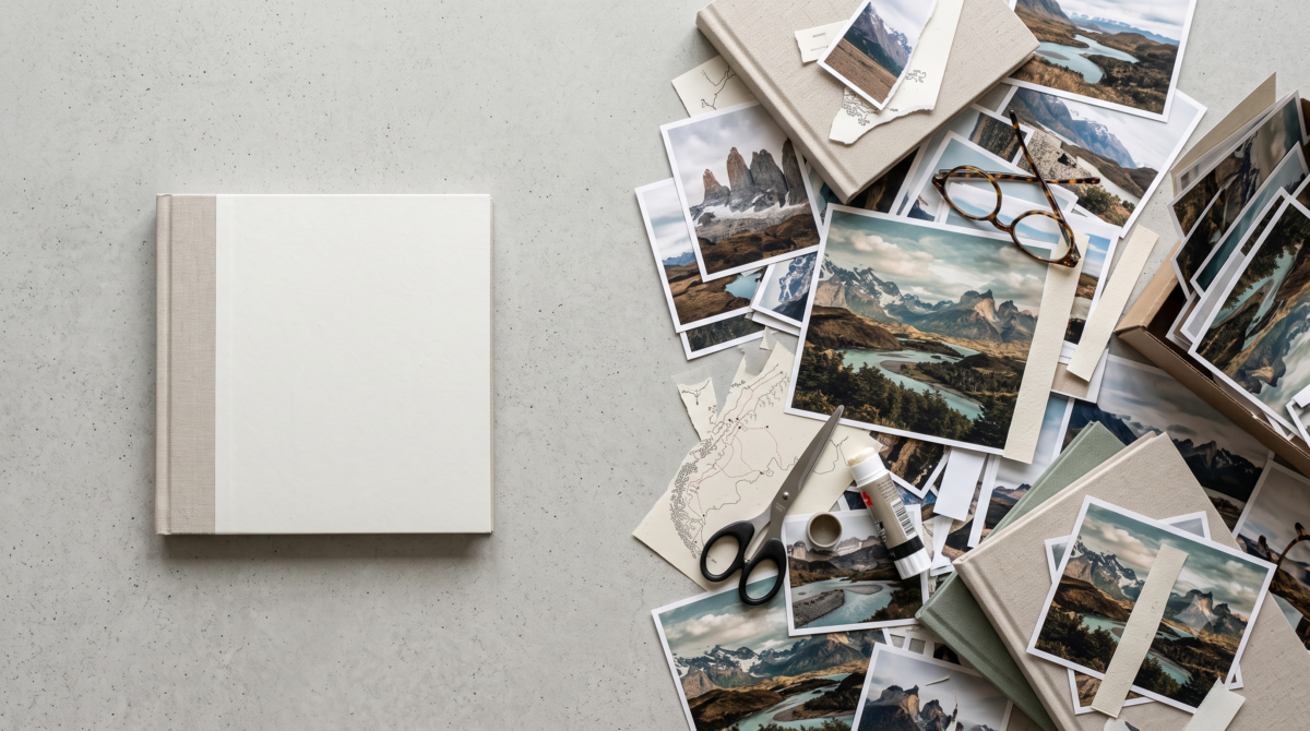 Printed travel book beside scattered loose photos showing automatic versus manual assembly