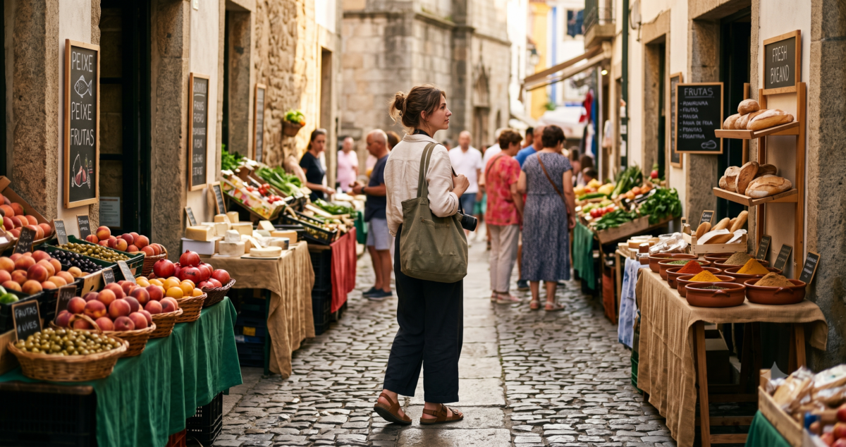 Traveler walking through a narrow market street lined with food stalls in a European old town at golden hour