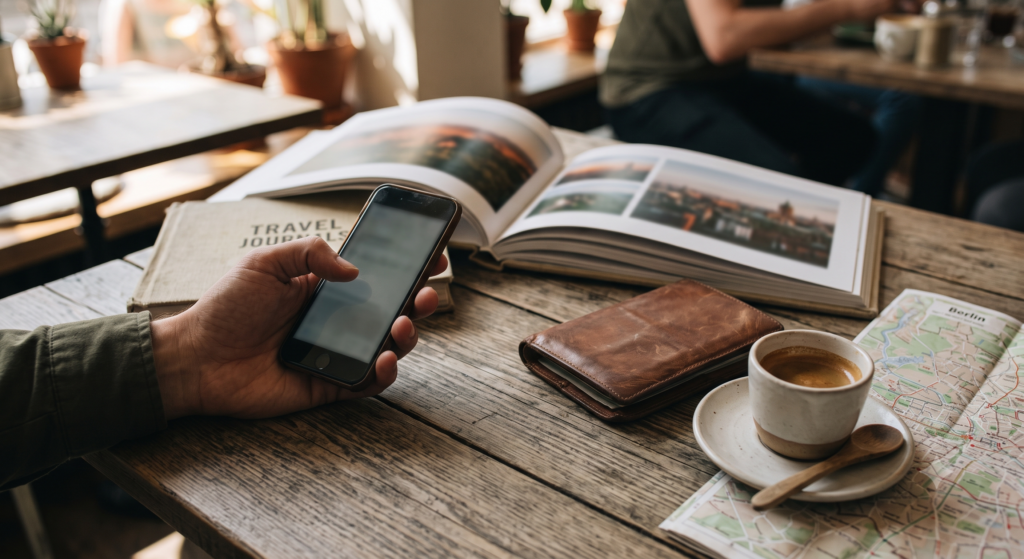Traveler writing in a journal app on a phone beside a printed travel book and passport