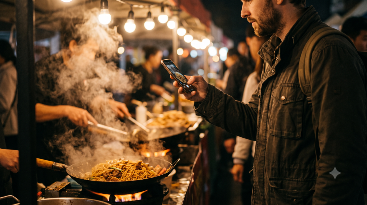 Traveler photographing a street food stall while making a quick note on a phone