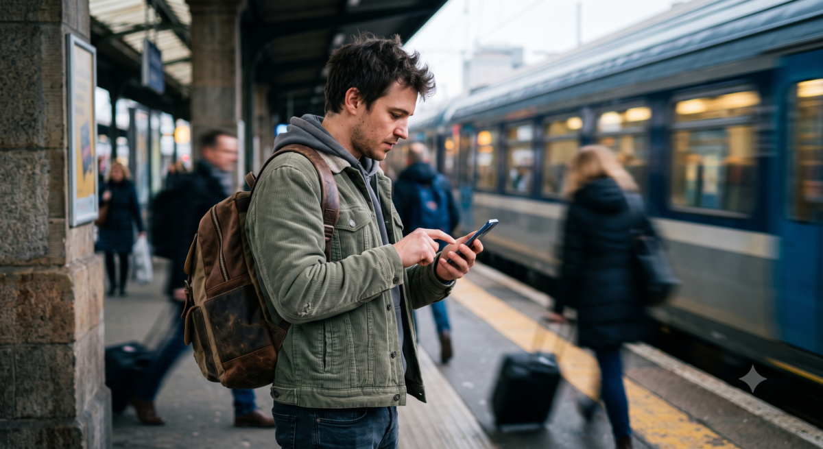 Traveler quickly logging a journal entry on a phone at a busy train station