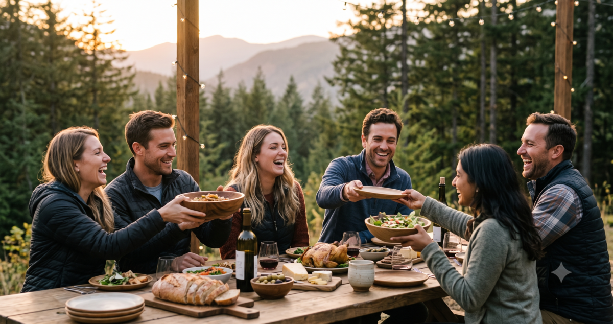 Coworkers sharing an outdoor meal together at a company wellness retreat in the evening