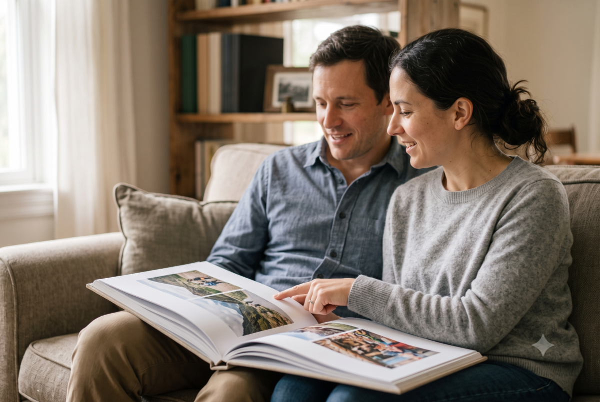 Two people looking through a finished printed travel journal book together