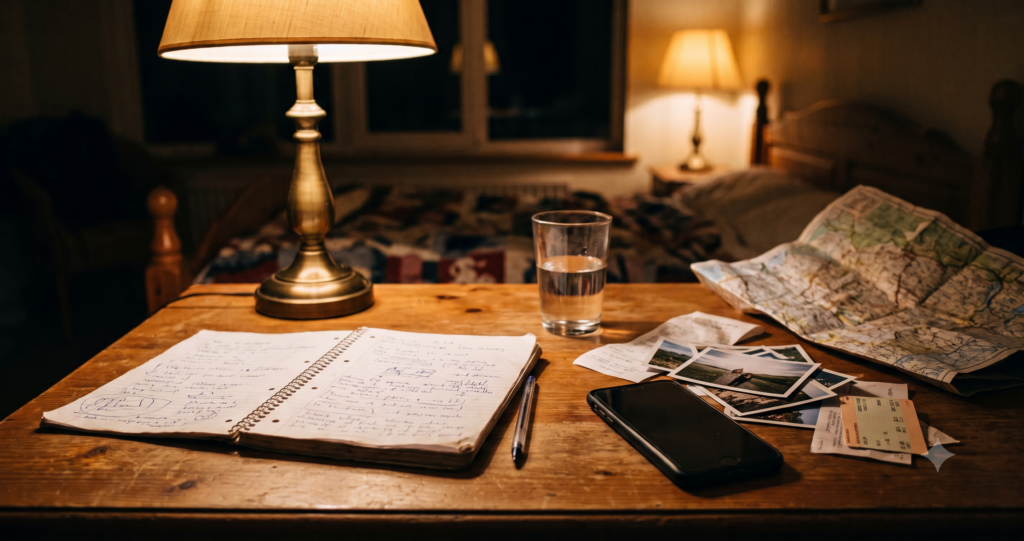 Traveler documenting a trip with a phone, notebook, and printed photos on a table