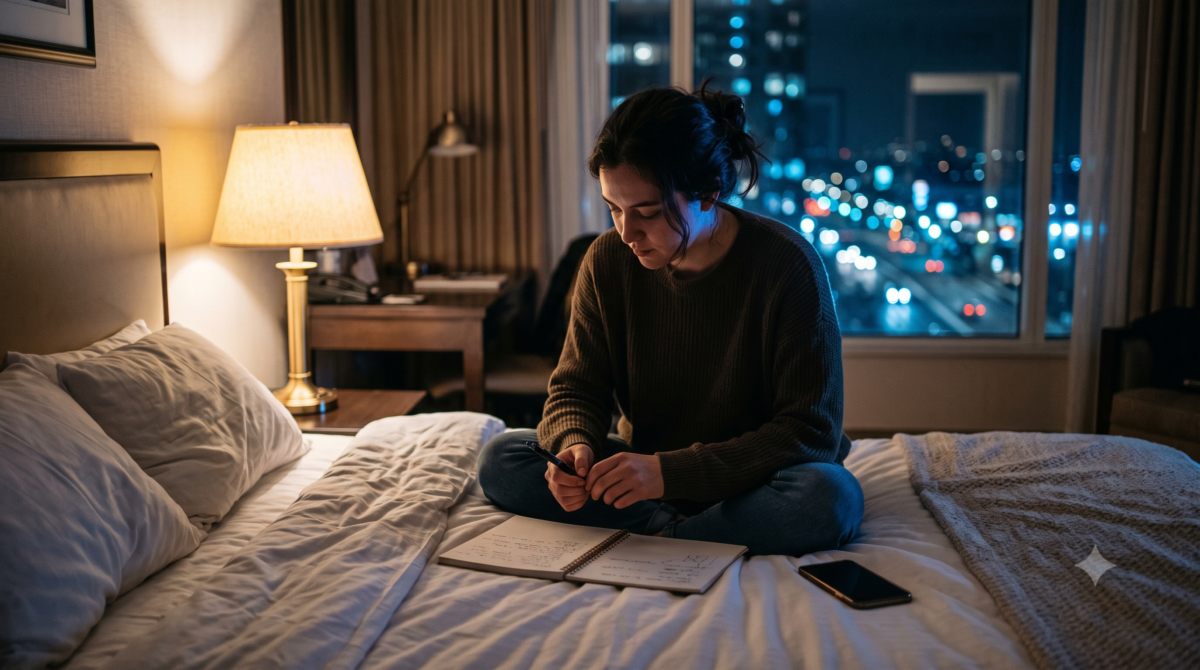 Traveler reviewing the day's travel journal entries on a phone in a hotel room at night