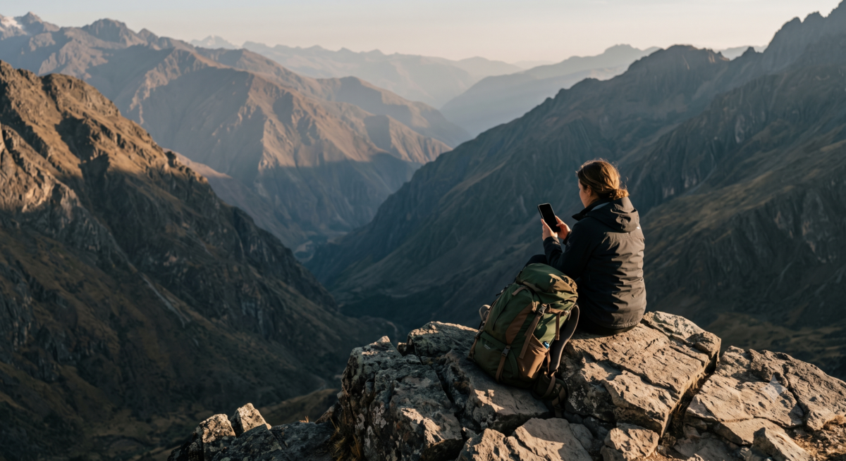 Hiker using a travel journal app offline on a mountain trail with no phone signal