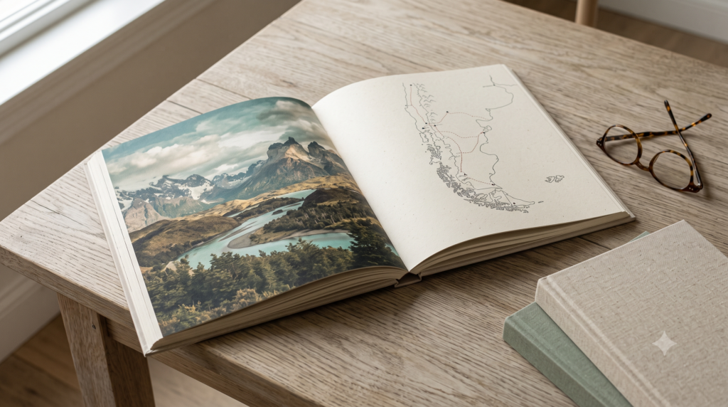Printed travel journal photo book open on a table showing trip photos and a route map