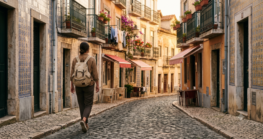 Traveler walking a quiet cobblestone street in Lisbon during shoulder season with no crowds visible