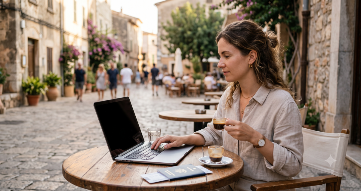 Traveler checking flight and hotel prices on a laptop at a cafe table while planning a shoulder season trip