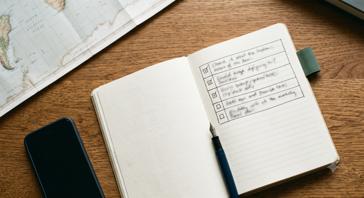 Notebook with a handwritten checklist beside a phone used to evaluate travel journal apps
