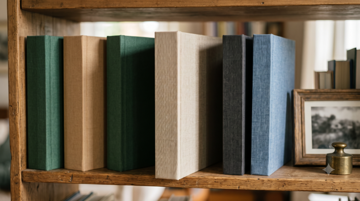 Row of printed travel photo books on a shelf collected from several trips