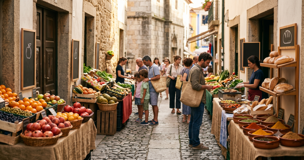 Open-air food market stalls with vendors and shoppers in a compact walkable city center at midday