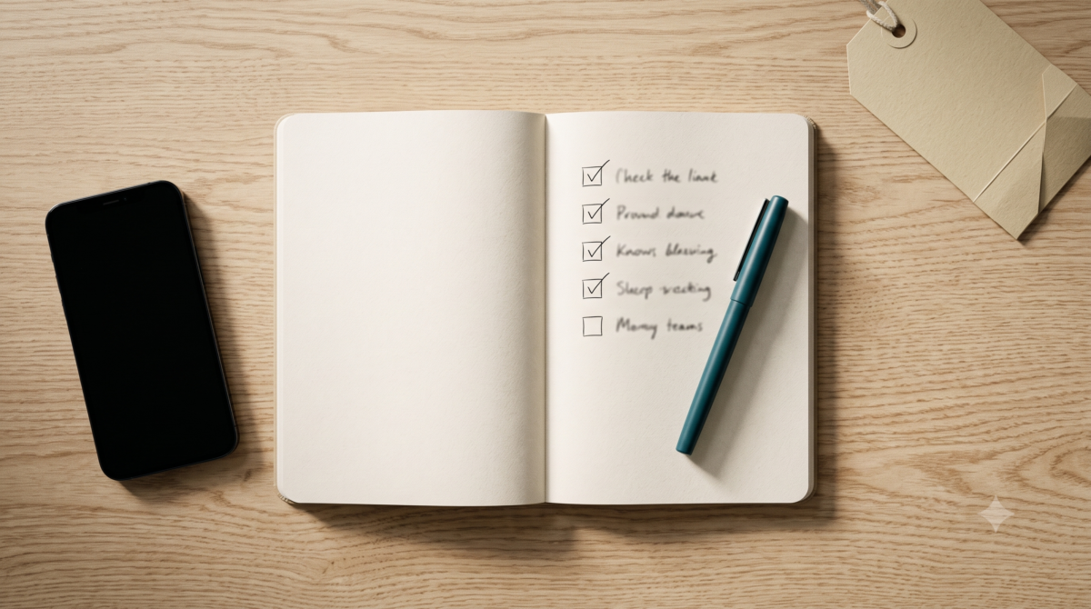Notebook with a five-row checklist beside a phone used to evaluate packing apps