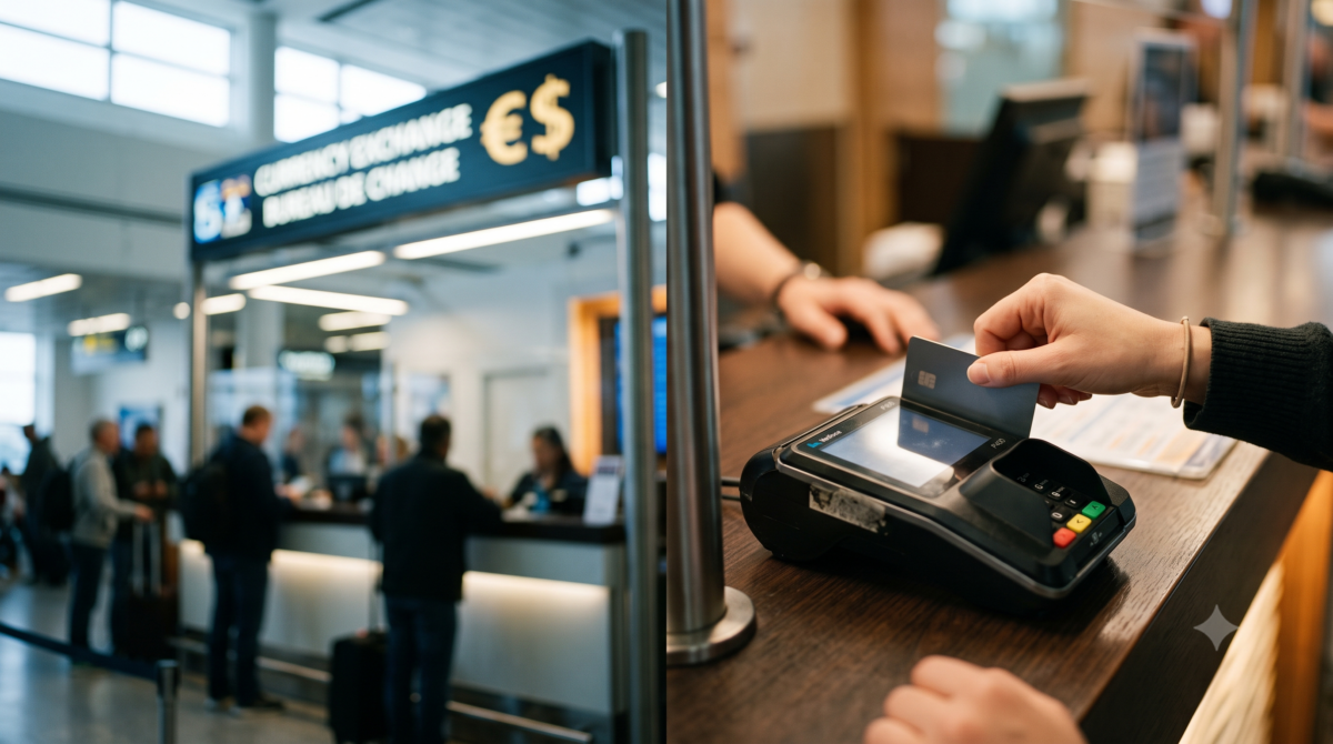 Airport currency exchange counter compared to a credit card and ATM abroad