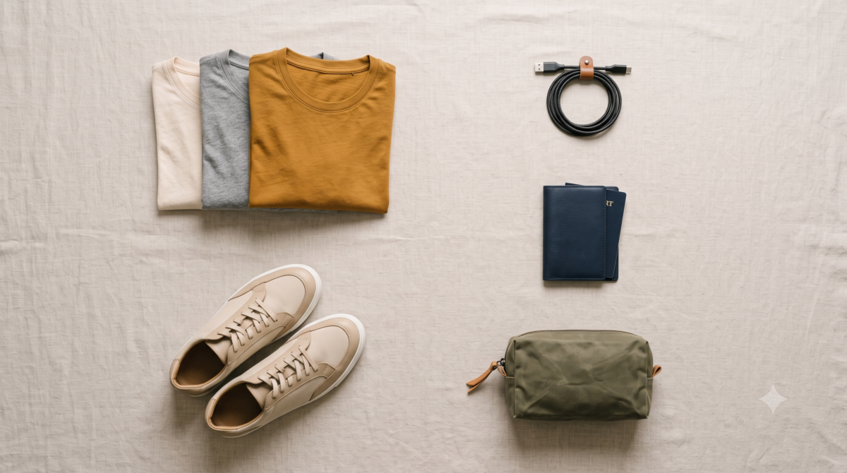 Flat lay of core travel essentials including clothing, chargers, and documents