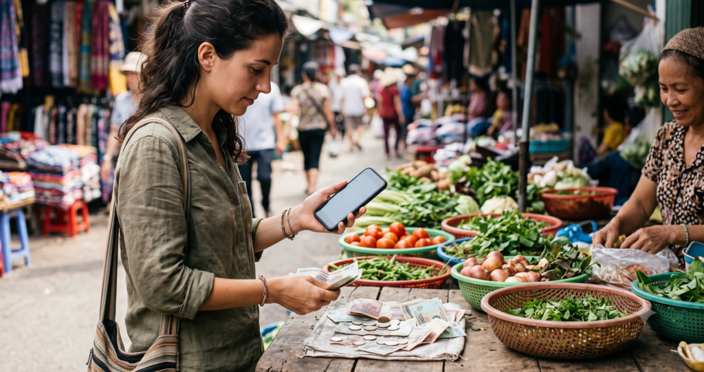 Traveler checking currency exchange rates on a phone at an outdoor market
