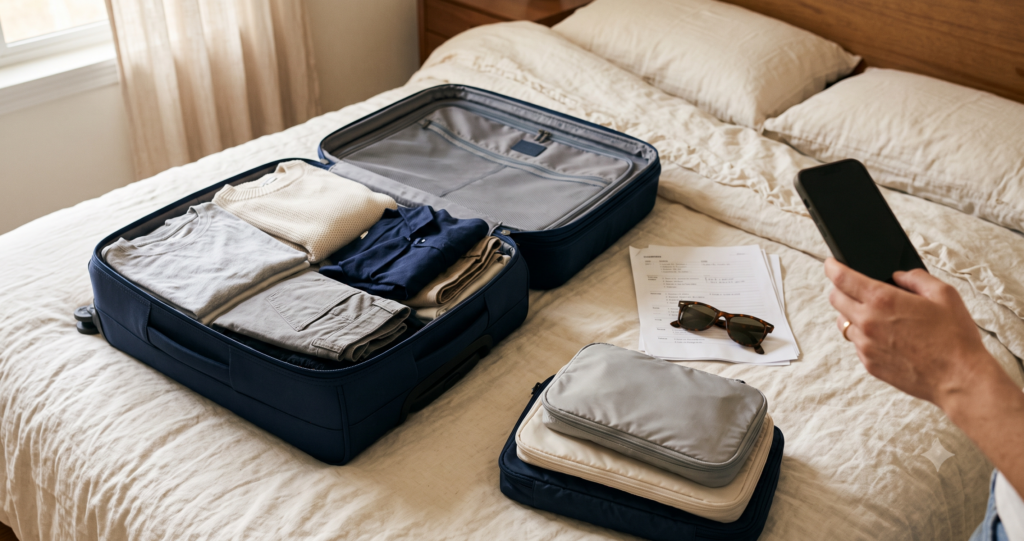 Traveler building a packing list on a phone beside an open suitcase and folded clothes
