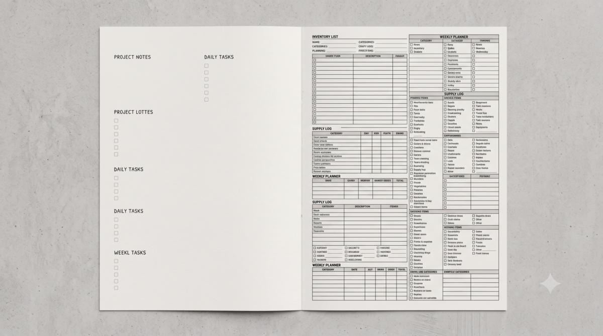Split image contrasting a clean blank packing list with a cluttered pre-filled template