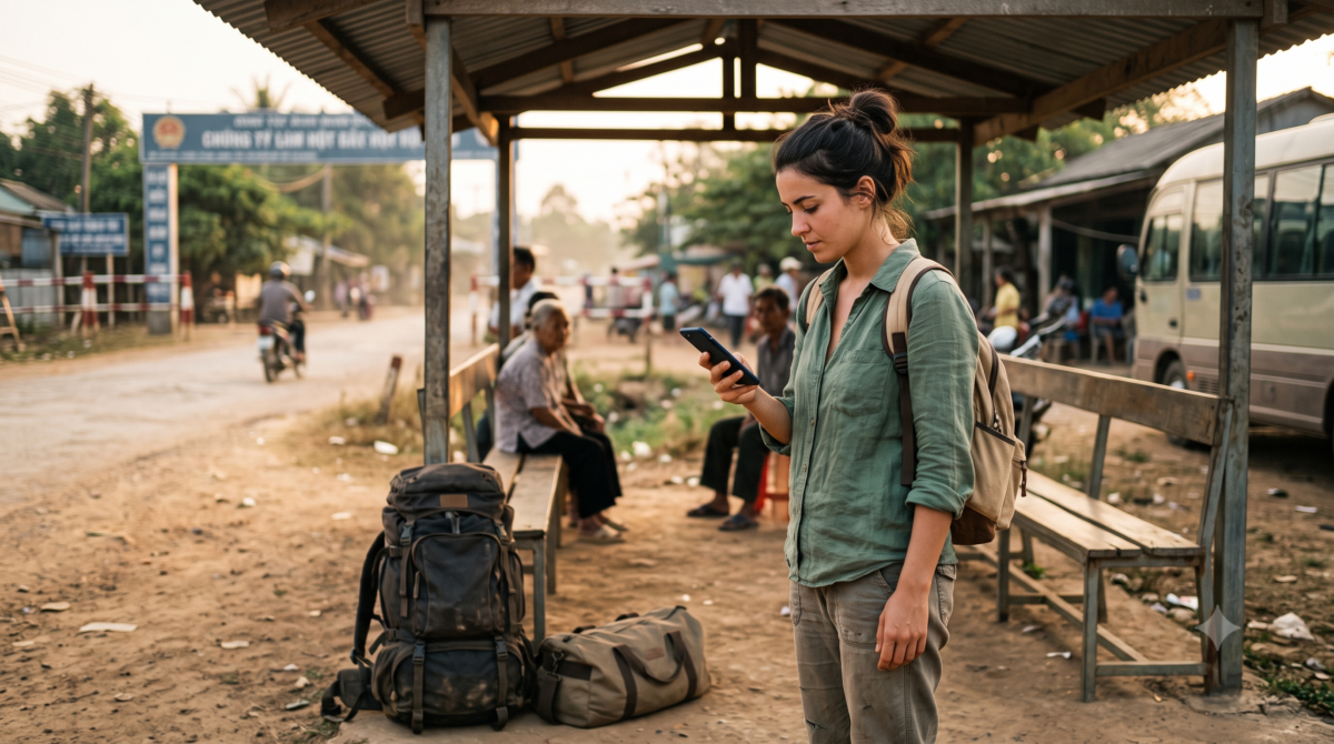 Traveler checking a currency conversion on a phone with no signal abroad