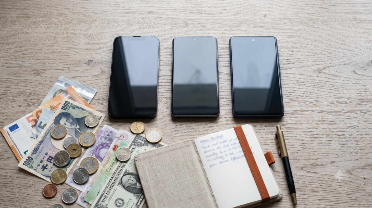 Several currency converter apps compared side by side on phones with foreign banknotes