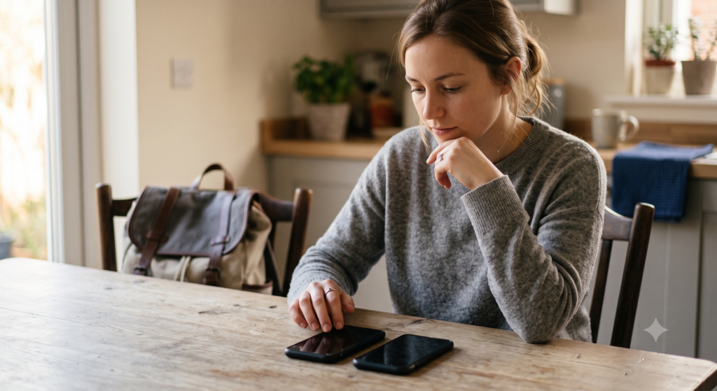 Traveler comparing packing apps on a phone while deciding which one to download