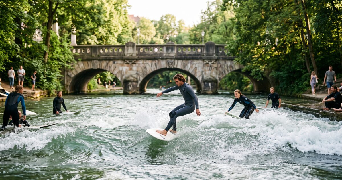 Surfers riding the standing wave on the Eisbach river in Munich's English Garden
