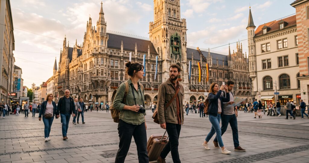 Marienplatz square in Munich with the Neues Rathaus and Glockenspiel tower at golden hour