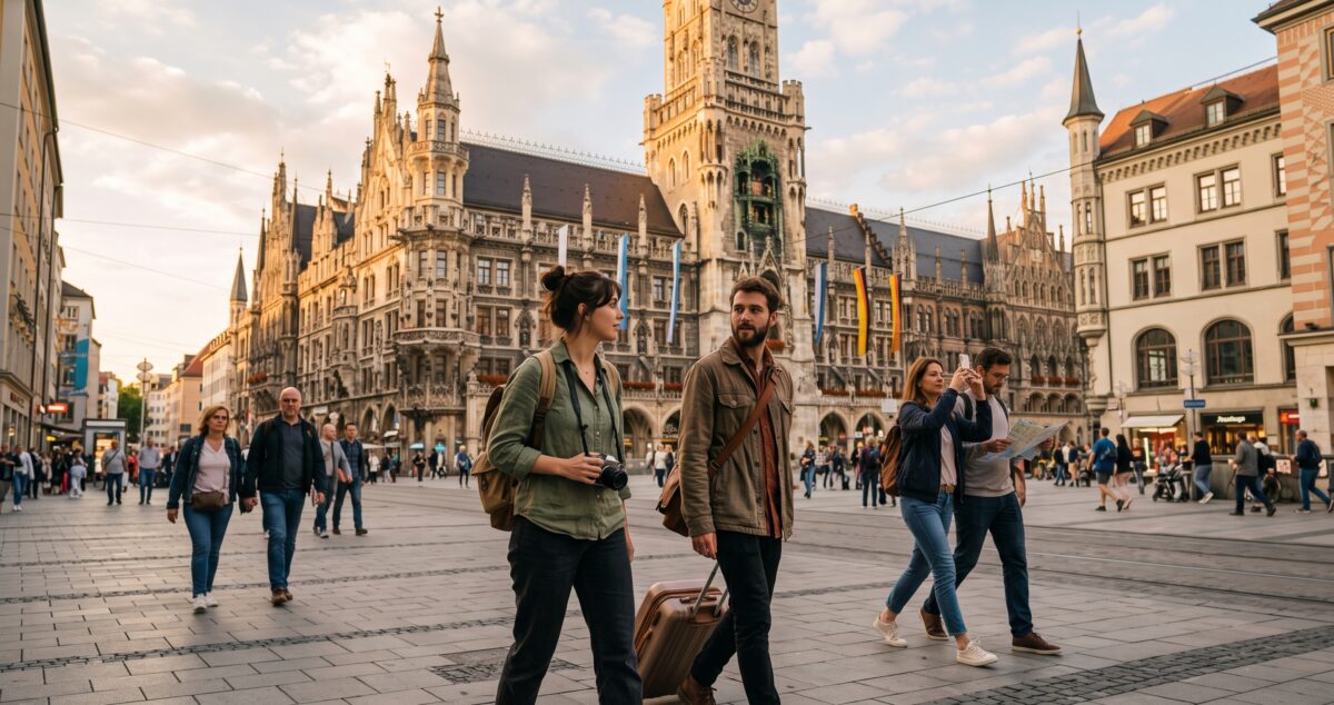 Marienplatz square in Munich with the Neues Rathaus and Glockenspiel tower at golden hour