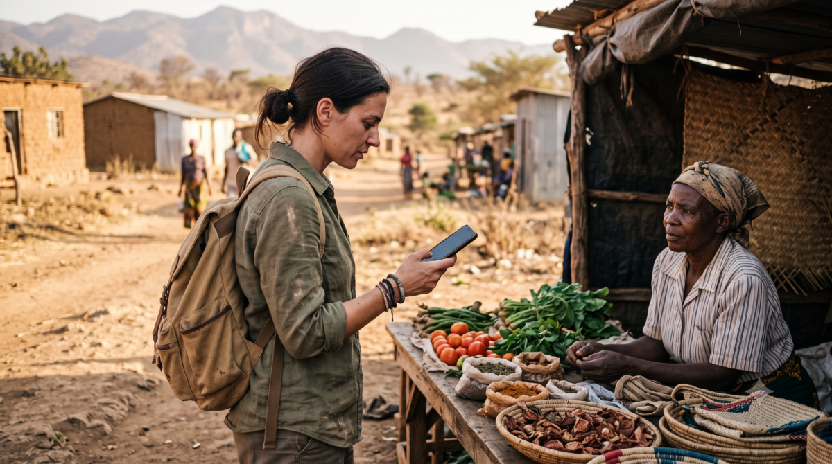 Traveler converting currency on a phone with no signal at a remote market stall